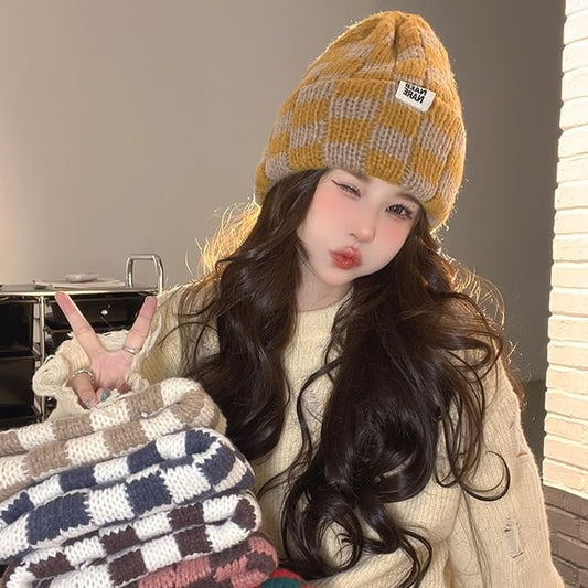 Knit Beanie Checker Applique Lettering