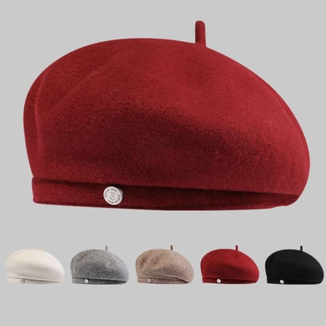 Wool Beret Hat Disc Metal