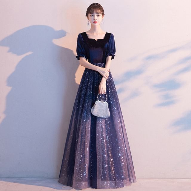 Dress A-Line Gradient / Cocktail Mesh Evening Panel Velvet Gown
