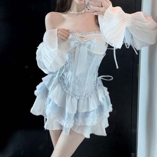 Belt A-Line Two Trim Dress Lace-Up Tone Puff-Sleeve Patterned Lace Mini / Corset Off-Shoulder