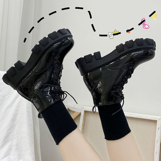 Chunky Boots Platform Heel Short Lace-Up