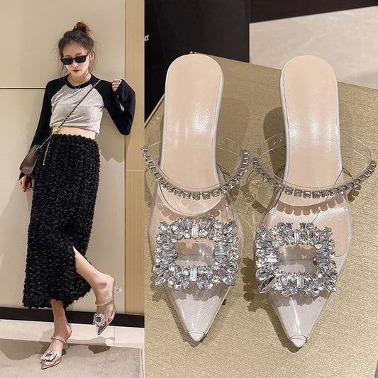 High Rhinestone Buckled Heel Sandals