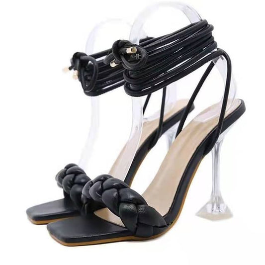 Braided Sandals Square-Toe Heel High