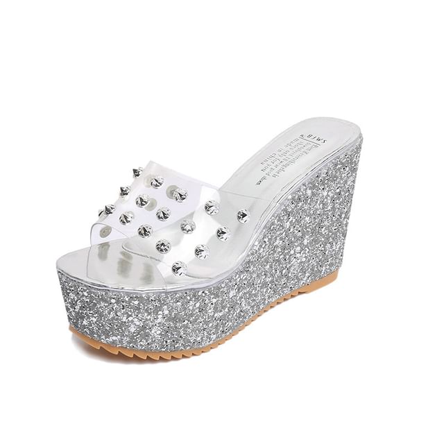 Heel Sandals Slide Studded Platform Wedge