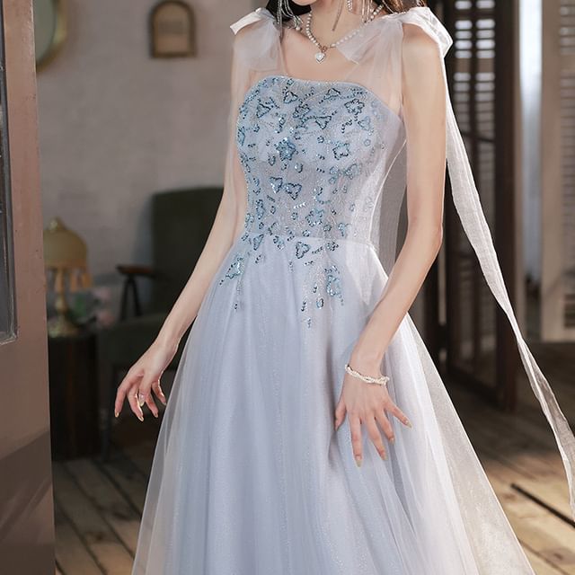 A-Line Mesh Gown Evening Sequin Tie Shoulder Patterned