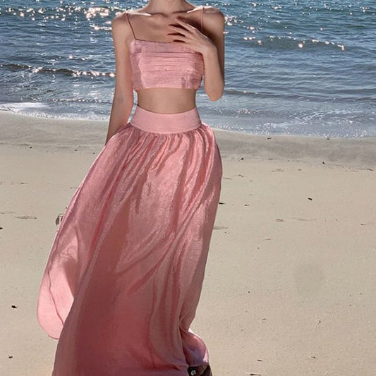 Top Crop Waist Set: + Camisole Plain High Maxi Skirt