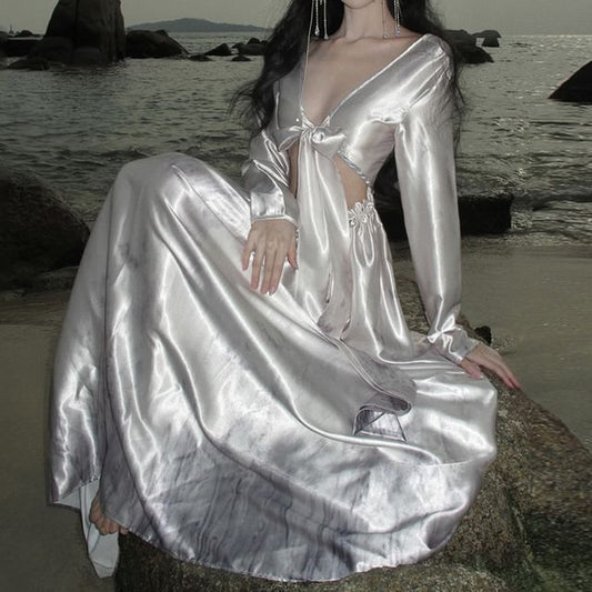 Maxi Dress Cutout Long-Sleeve A-Line V-Neck