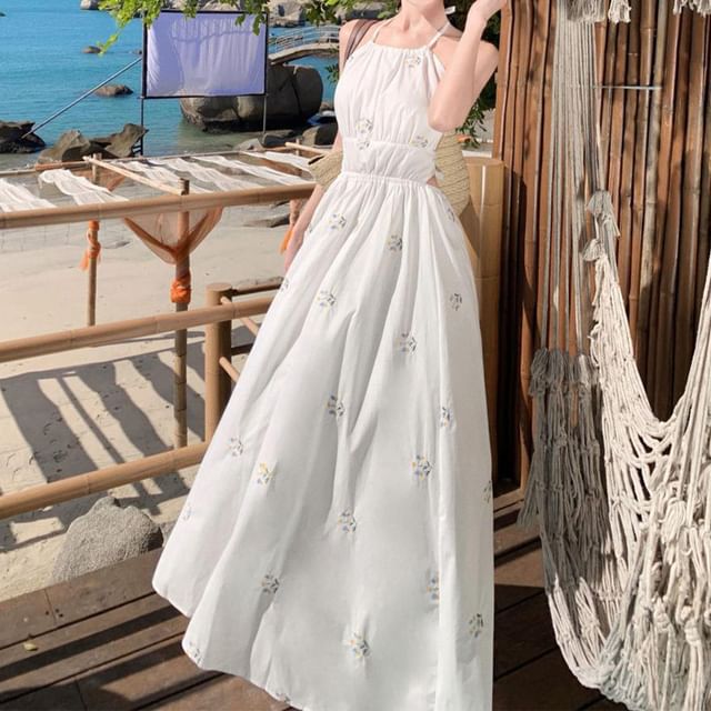 Dress Embroidered A-Line Neck Halter Midi