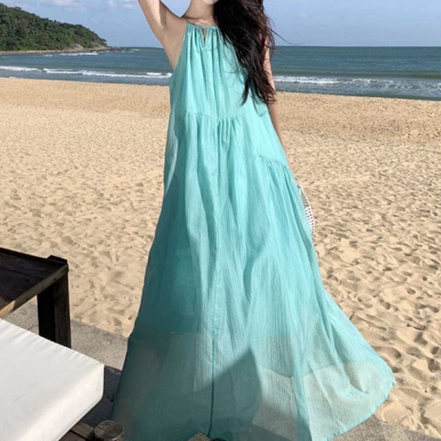 A0-Line Plain Sleeveless Dress Maxi