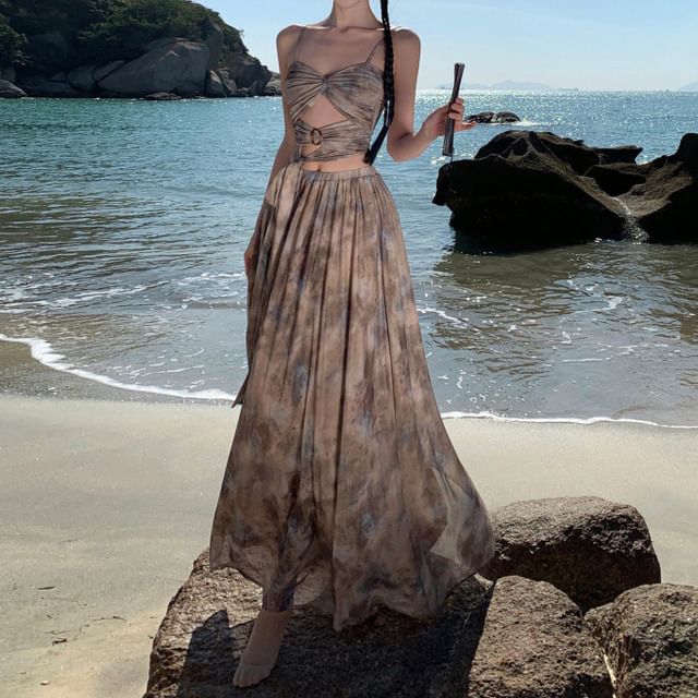 Camisole + Dye Maxi Waist Set: Top A-Line Crop High Skirt Tie