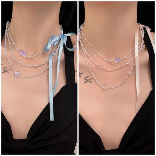 Necklace Bead Ribbon Layered Butterfly