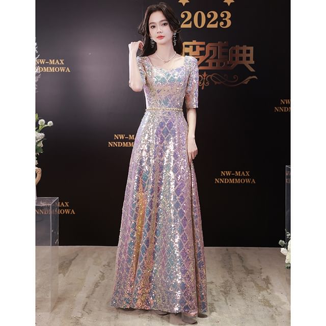 Neck Elbow-Sleeve Scoop Dress Maxi Iridescent A-Line