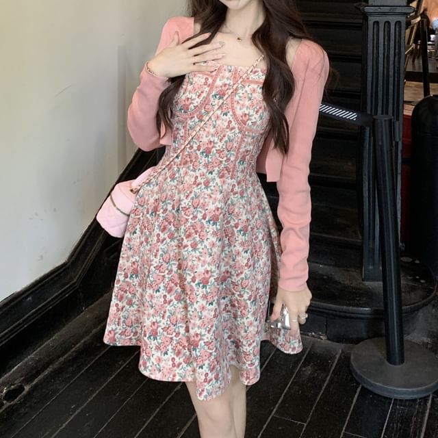 Dress Floral Strap Open Plain Print Spaghetti Front Cardigan Square / Mini Crop A-Line Neck