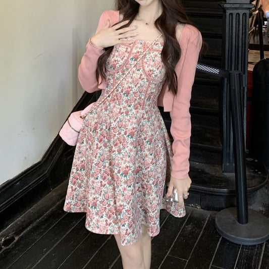 Dress Floral Strap Open Plain Print Spaghetti Front Cardigan Square / Mini Crop A-Line Neck