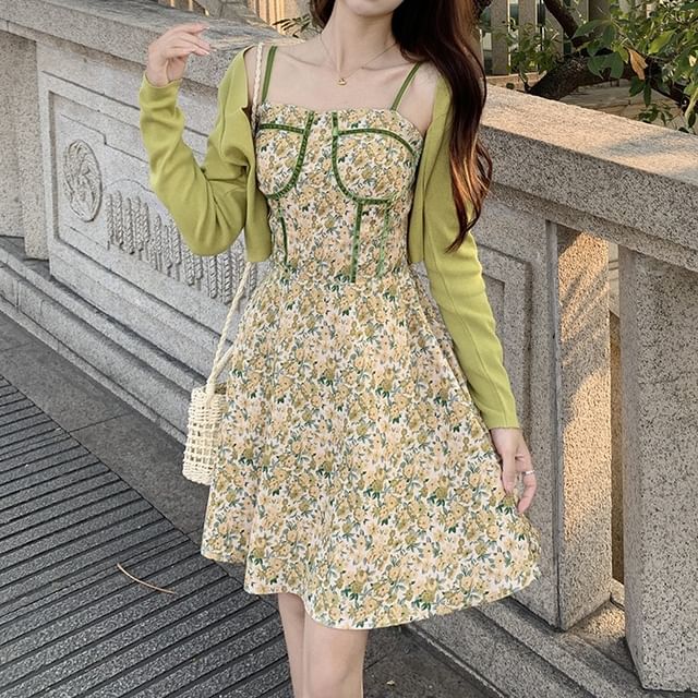 Dress Floral Strap Open Plain Print Spaghetti Front Cardigan Square / Mini Crop A-Line Neck