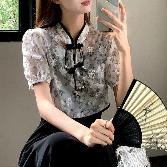 Midi Floral Spaghetti A-Line Strap + Dress Short-Sleeve Blouse Set: Plain