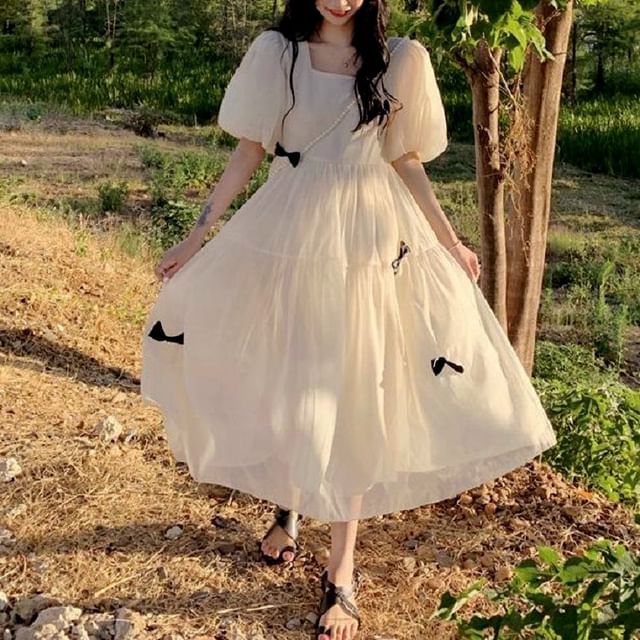 Plain Sundress Puff-Sleeve Bow Neck Square Midi