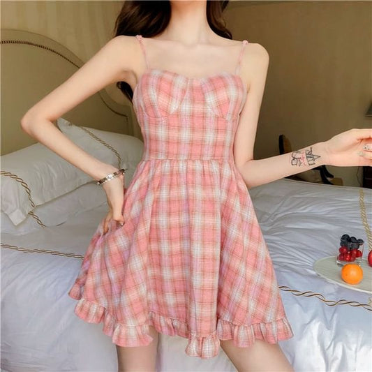 Mini Plaid Strap A-Line Ruffle Spaghetti Dress