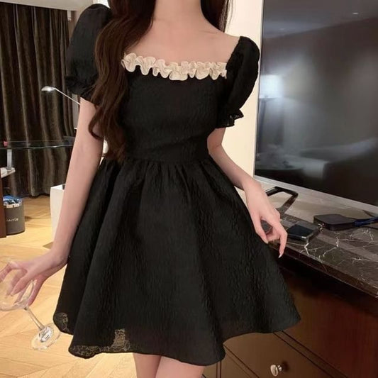 A-Line Plain Ruffle Mini Neck Puff-Sleeve Square Dress