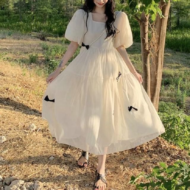 Plain Sundress Puff-Sleeve Bow Neck Square Midi