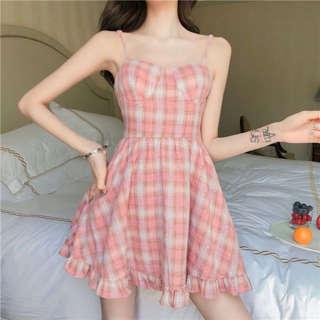 Mini Plaid Strap A-Line Ruffle Spaghetti Dress