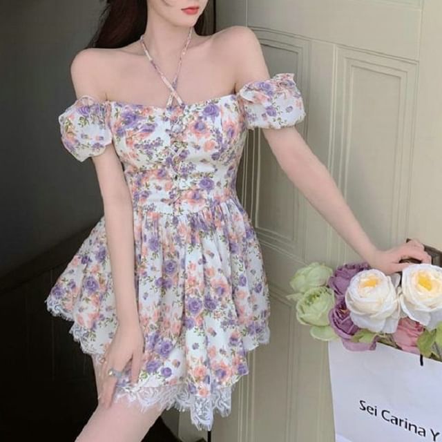 Dress Lace-Up A-Line Floral Mini Trim Puff-Sleeve Lace