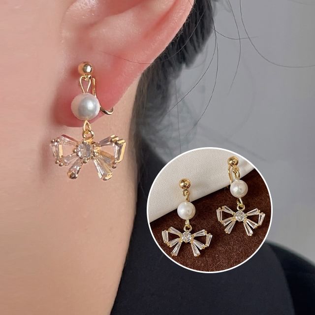 Drop Faux Bow Rhinestone Alloy Pearl Earring