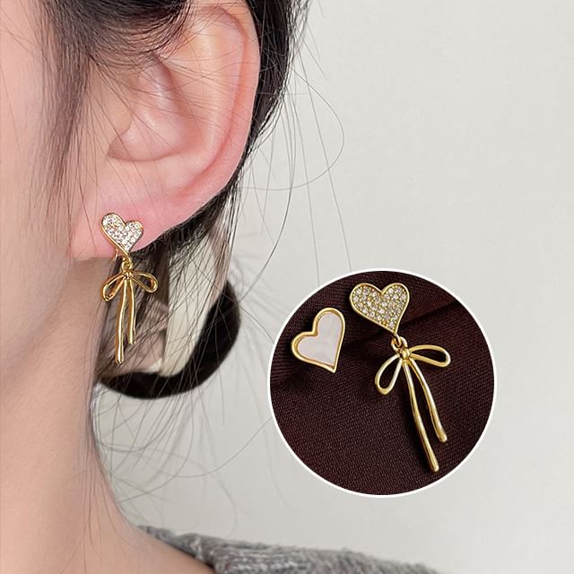 Shell Bow Heart Rhinestone Asymmetrical Earring Drop Alloy