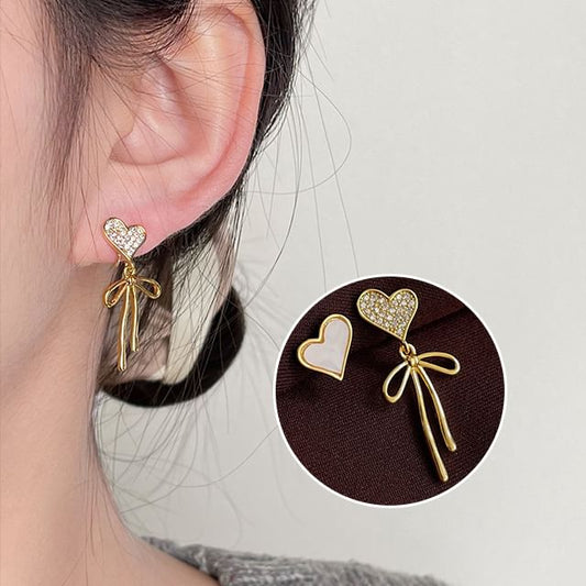 Shell Bow Heart Rhinestone Asymmetrical Earring Drop Alloy