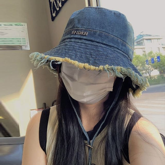 Lettering Bucket Denim Fringed Hat