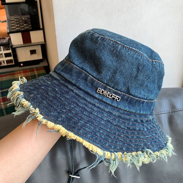 Lettering Bucket Denim Fringed Hat