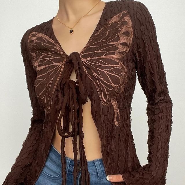 Print V-Neck Top Crop Long-Sleeve Butterfly Front Ribbon