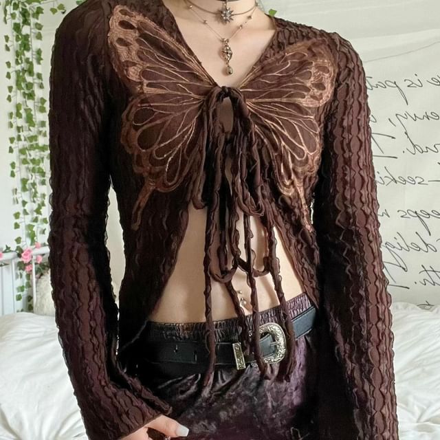 Print V-Neck Top Crop Long-Sleeve Butterfly Front Ribbon