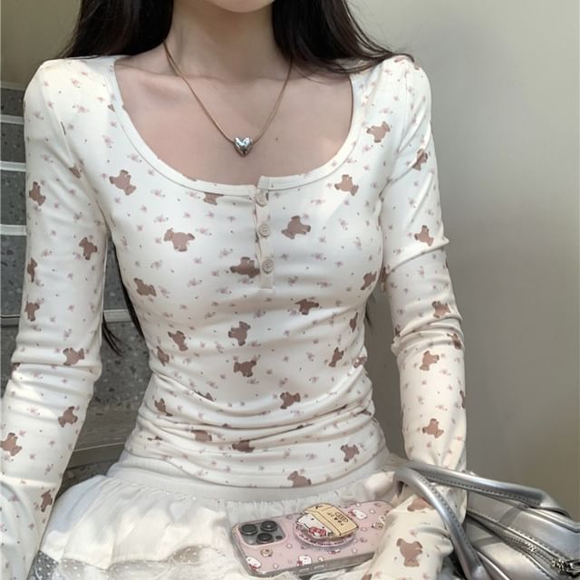 T-Shirt Bear Henley Long-Sleeve Print