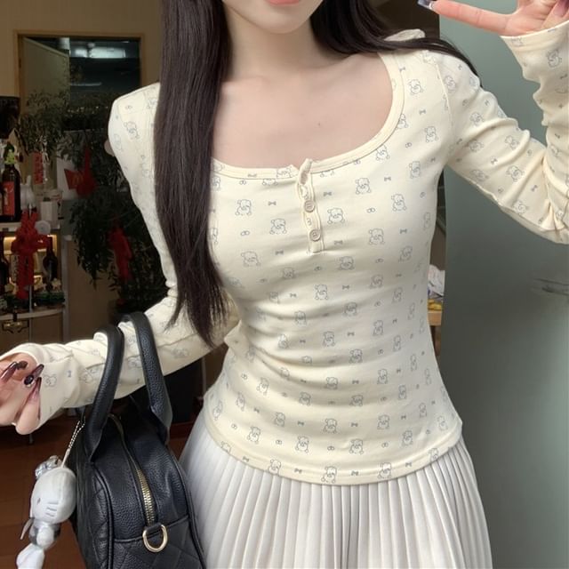 T-Shirt Bear Henley Long-Sleeve Print