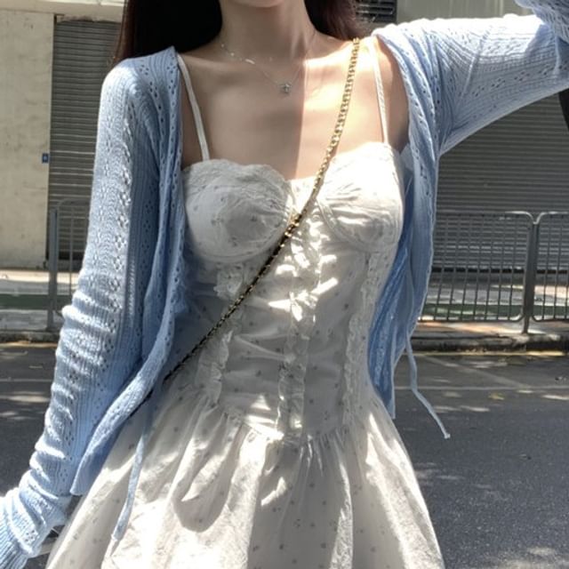 Dress A-Line / Spaghetti Ruffle Mini Print Floral Pointelle Cardigan Plain Strap