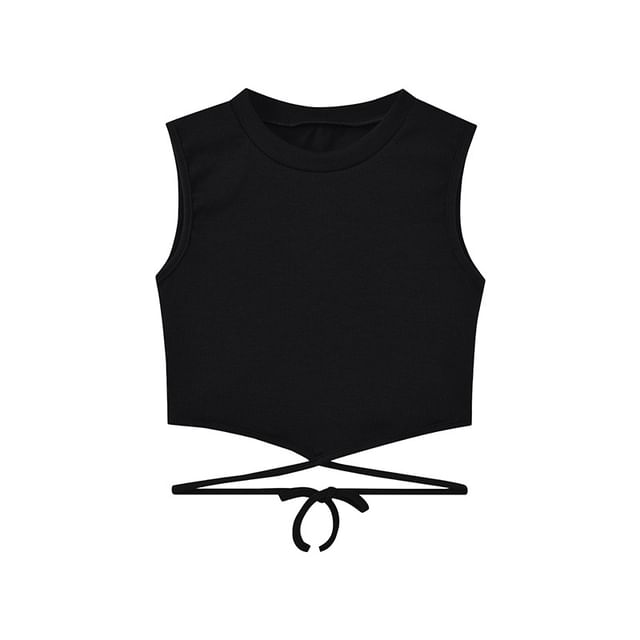 Top Back Cross Crop Tie Neck Crew Criss Tank Plain