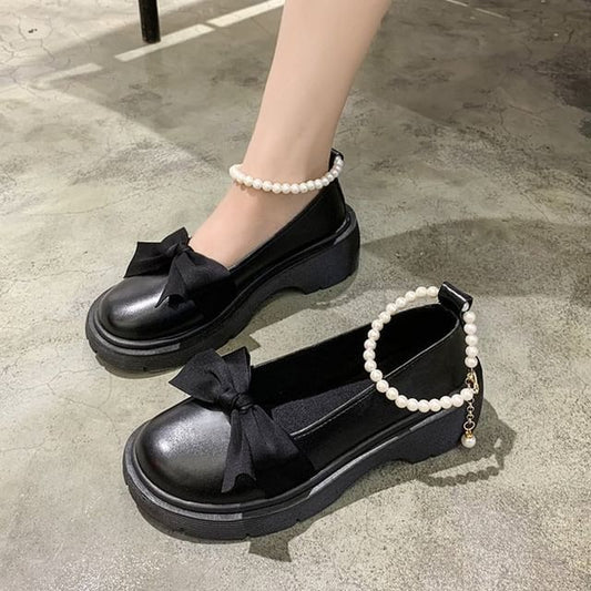 Ankle Bow Platform Chunky Loafers Heel Strap