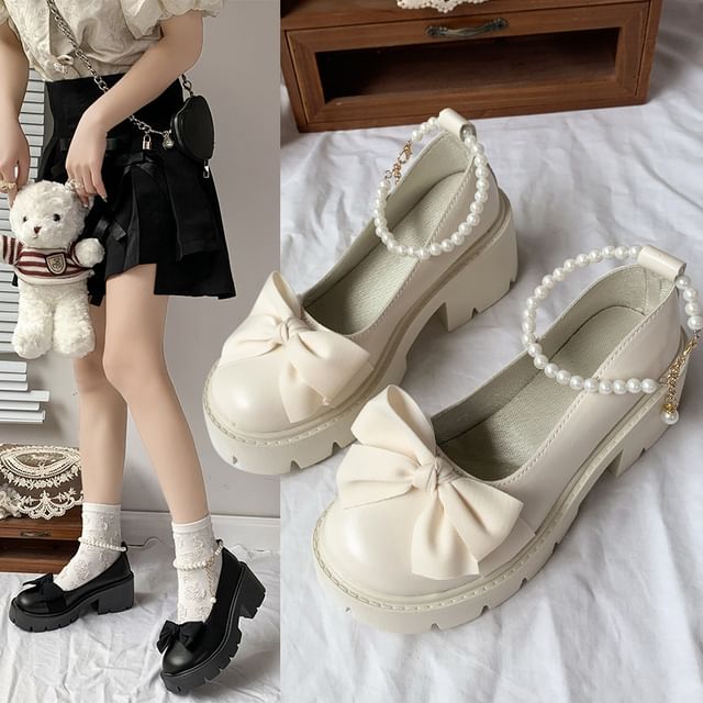 Ankle Strap Chunky Platform Loafers Heel Bow