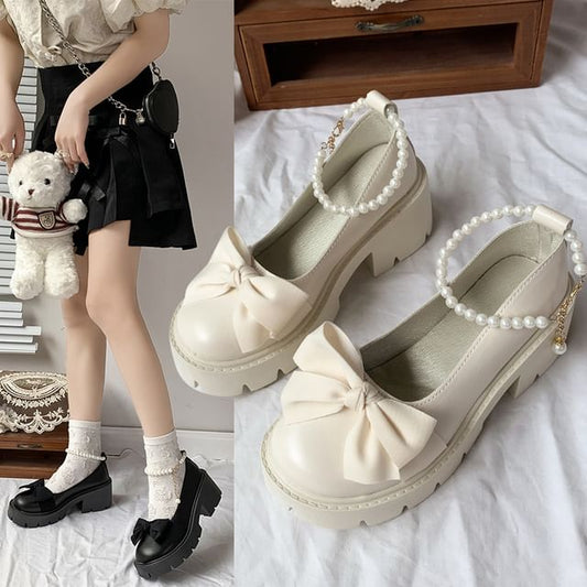 Ankle Strap Chunky Platform Loafers Heel Bow