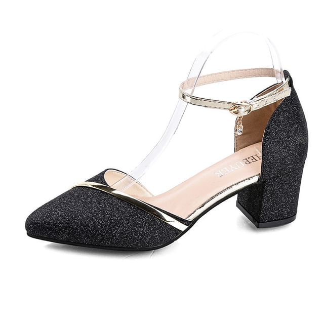 Chunky Almond Toe Glitter Sandals Heel Ankle Strap