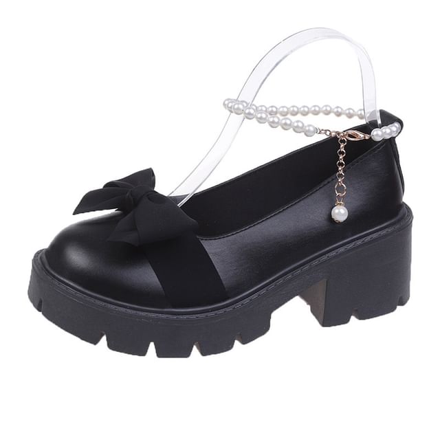 Ankle Strap Chunky Platform Loafers Heel Bow
