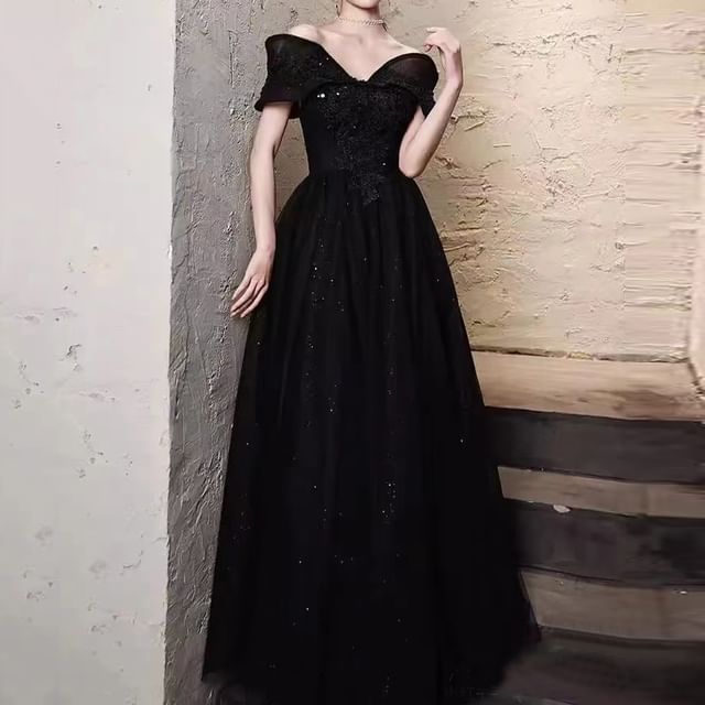 Sequin Plain A-Line Shoulder Short-Sleeve Evening Mesh Gown Off