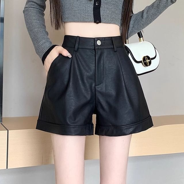 High Shorts Faux Plain Waist Leather