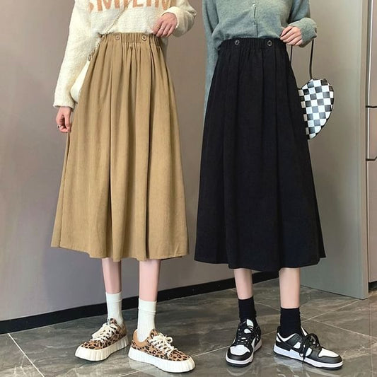 Elastic Midi A-Line Waist Skirt Pocket Plain