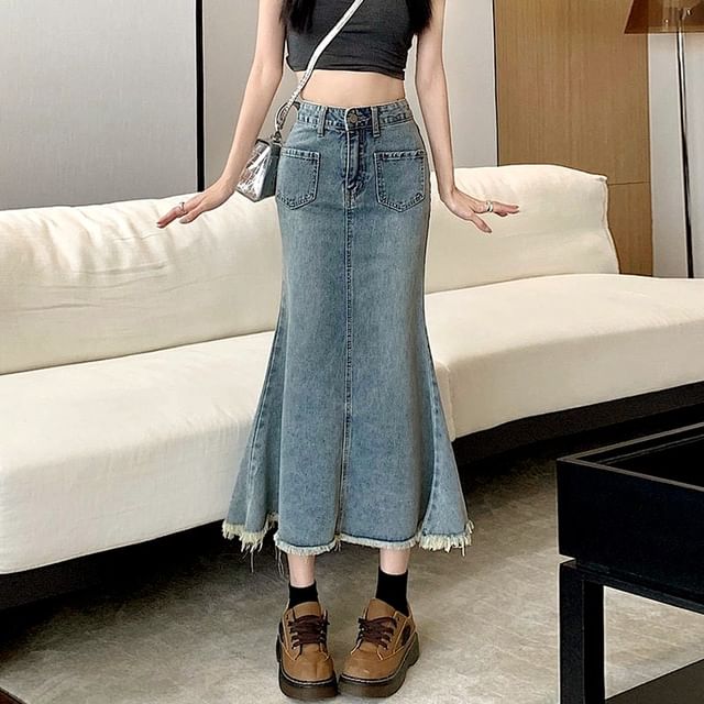 Mermaid High Waist Denim Skirt Washed Fray Midi
