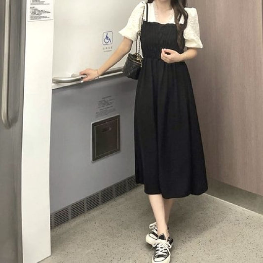 Mock A-Line Dress Two Piece Puff Ruched Sleeve V-Neck Midi