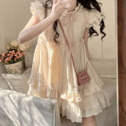 Dress Mini Sleeve Embroidered Neck A-Line Ruffle Bow Cap Round