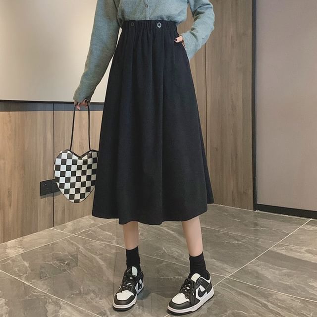 Elastic Midi A-Line Waist Skirt Pocket Plain