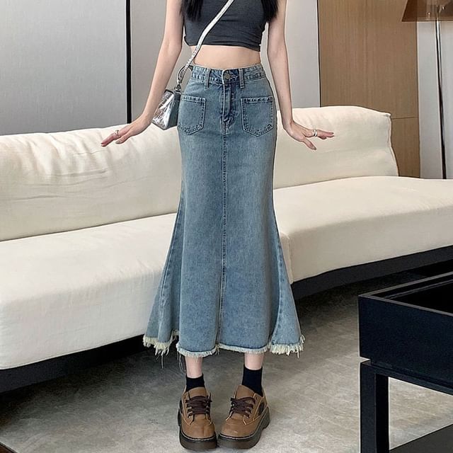 Mermaid High Waist Denim Skirt Washed Fray Midi